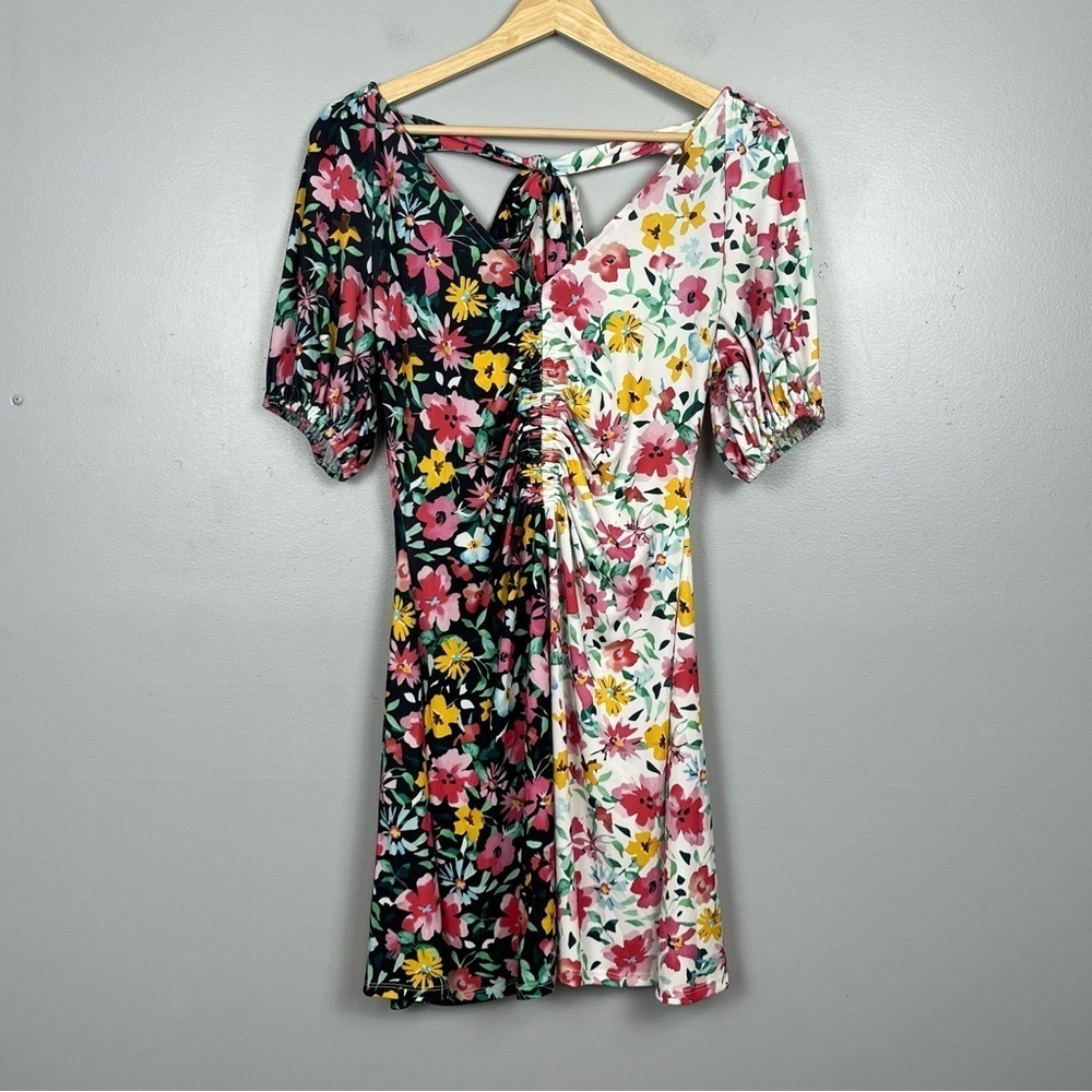ASOS floral black & white colorblock puff sleeve back tie mini dress, US 4.